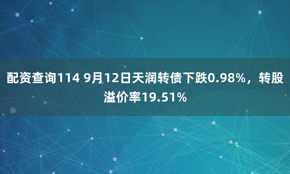 配资查询114 9月12日天润转债下跌0.98%，转股溢价率19.51%